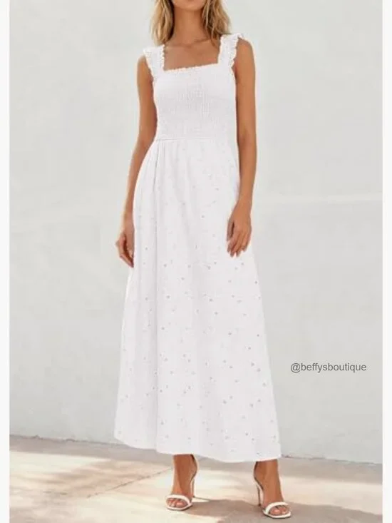 Sleeveless Cotton Maxi Dress with Lace, Smocked Waist, Pockets - Picture 2 of 7